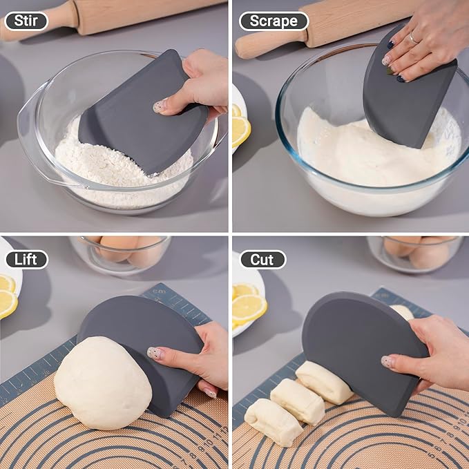 Silicone Dough Scraper with Stainless Steel Sheet, Curved Edge Flexible Bowl Scraper for Baking, Food Grade Silicone Bench Scraper for Sourdough Bread Proofing Basket, 5.98"×4.3", Dark Gray, SAPID