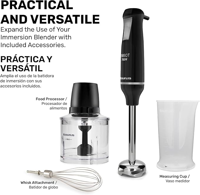 TAURUS ROBOT 500 INOX COMPLETE | Immersion Blender 500 W | Stainless Steel | Detachable Rod | Turbo Rotation System | Pulse Control | Ergonomic and Anti-Splash | Accessories included