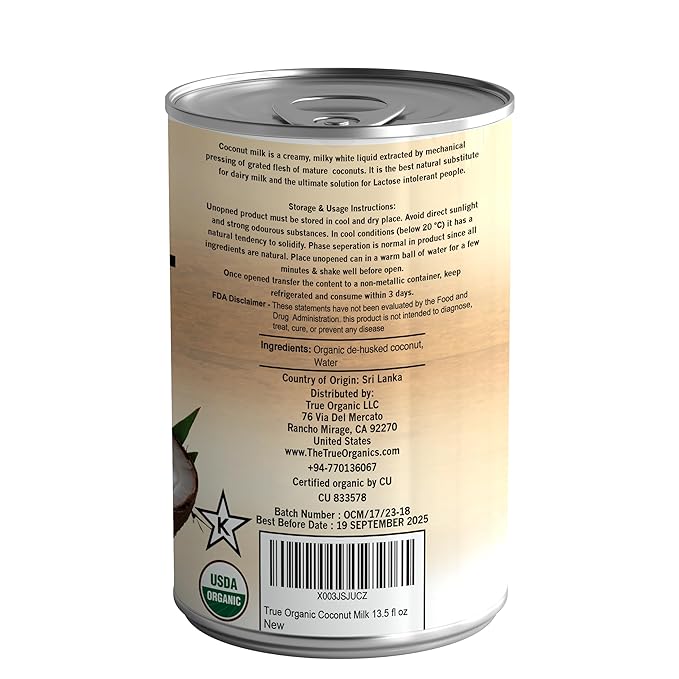 True Organic Unsweetened Coconut Milk 13.5 Fl oz - No Guar Gum, Gluten-Free, Vegan and Kosher - 18% Coconut Milk Fat (12-Pack)