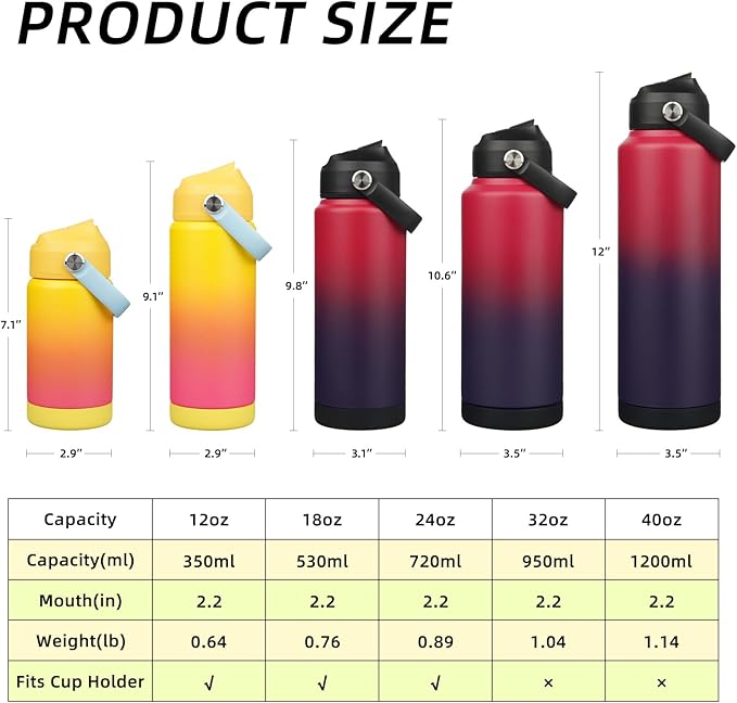 BJPKPK Insulated Water Bottle with Straw Lid, 12oz Thermos Water Bottles with Soft Nozzle, Flex Handle & Non-slip Boot, BPA Free Leak Proof Stainless Steel Metal Thermos, Tumblers, Cups,Rainbow