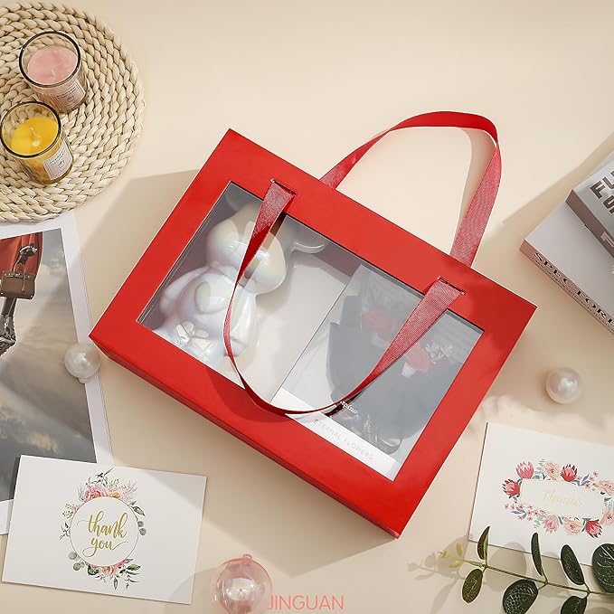 Red Gift Box with Window, Clear Magnetic Gift Box with Handle for Present, Bridesmaid Proposal Box (10.5x7.5x3 Inches