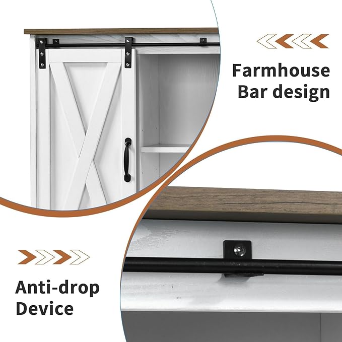 4 EVER WINNER Coffee Bar Cabinet with Sliding Barn Doors, 42”Farmhouse Buffet Cabinet with Storage for Kitchen, Coffee Bar with Adjustable Shelf for Dining Room, White