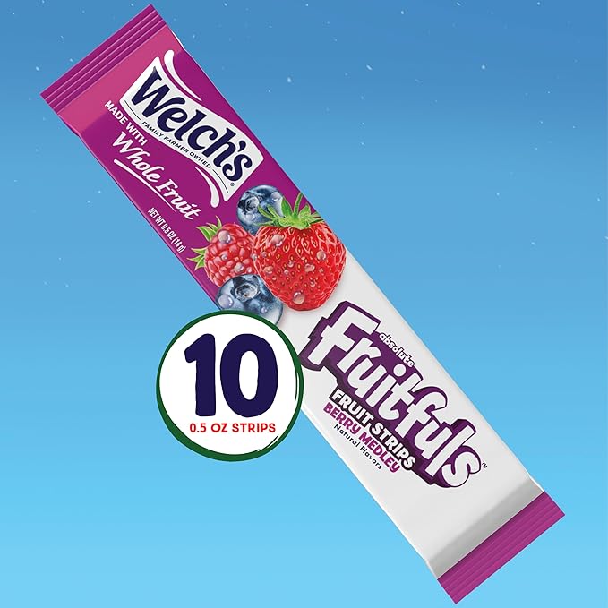 Welch’s Absolute Fruitfuls Fruit Strips, Tasty Dried Fruit Snacks for School Lunches, Berry Medley, 0.5oz (Pack of 10)