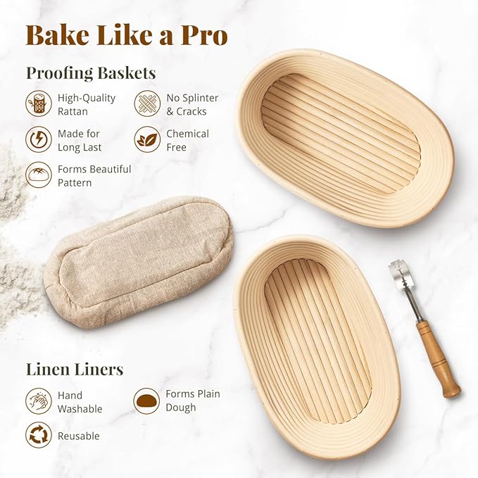 10 Inch Oval Banneton Bread Proofing Basket Sourdough Starter Kit, Sourdough Bread Baking Supplies with Bread Lame, Sling, Spatula, Scraper, Dough Whisk