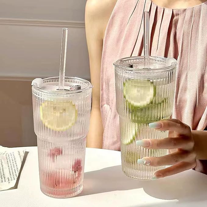 2 Pack Iced Coffee Cup with Lids, 20oz Clear Glass Tumbler with Straw & Lid, Ribbed Glassware Cups, Dishwasher Safe Drinking Glasses, Stylish Glass Cups for Coffee, Juice, Tea, Matcha