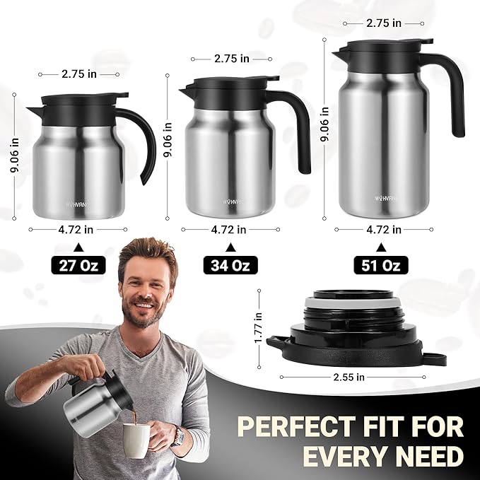 34Oz Thermal Coffee Carafes For Keeping Hot/Cold, Stainless Steel Coffee Carafe, Dustproof Insulated Water Carafe for Party/Home,Silver