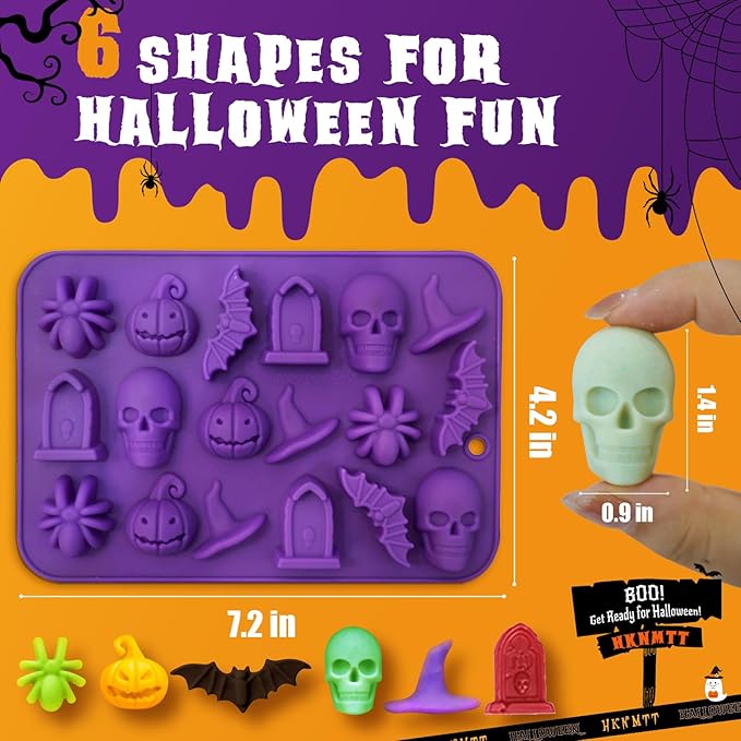 Halloween Molds Silicone for Chocolate 4 Pack, 3D Halloween Chocolate Candy Gummy Mold Skull Pumpkin Bat Ghost Witch Hat Spider tombstone Shapes Mold