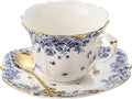 TATSUMI Country Roses Bone China Tea Cup and Saucer Set, 3 Pieces, Vintage Style, For Women and Tea Parties（sky blue，1 set）