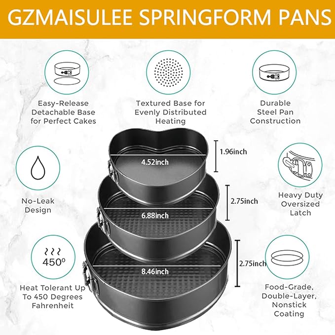 Springform Cake Pan Set of 3 (4, 7, 9 Inch) Heart Leakproof Nonstick Cheesecake Pans with Removable Bottom Carbon Steel Bakeware