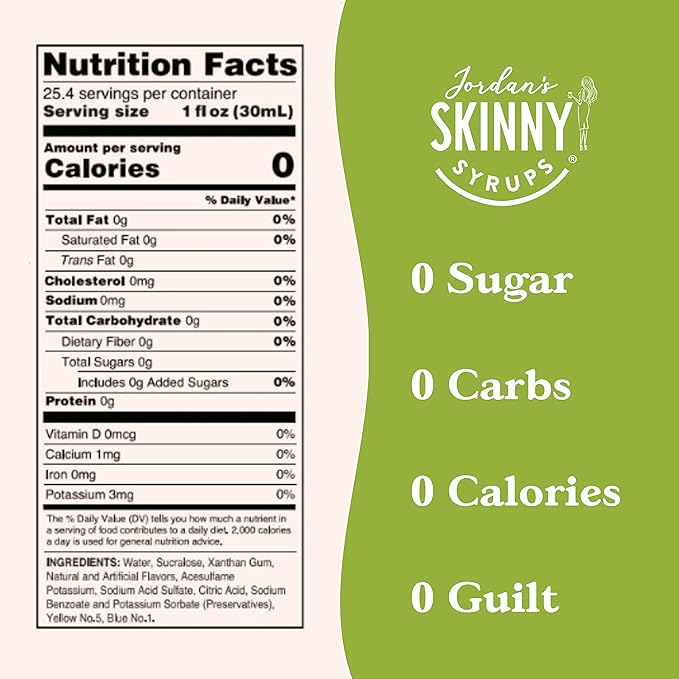 Jordan's Skinny Syrups Sugar Free Coffee Syrup, Pistachio Flavor Drink Mix, Zero Calorie Flavoring for Chai Latte, Protein Shake, Food & More, Gluten Free, Keto Friendly, 25.4 Fl Oz (Pack of 6)