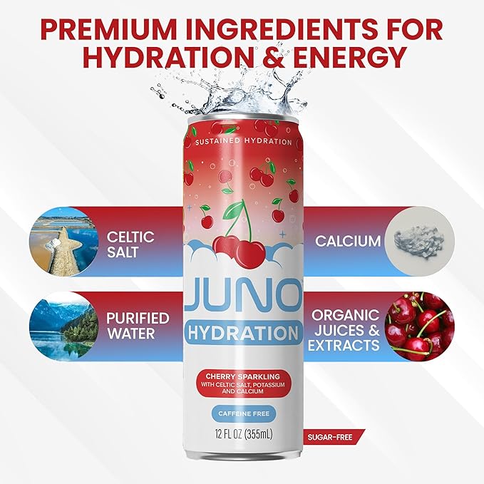 JUNO HYDRATION Organic Cherry Sparkling Drink - Sugar Free Electrolytes Organic Monk Fruit, Sour Cherry Juice, Black Cherry Extract and Hydrating with Celtic Salt, Potassium, Calcium - Premium Refreshing Beverage, 12 Pack