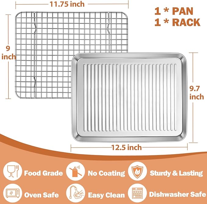 P&P CHEF Baking Oven Pan with Wire Rack, Stainless Steel Baking Oven Sheet Tray, Bacon Pan and Cooling Rack for Cooking Roasting Cookie, Dishwasher Safe & Easy Clean, 12.5 x 9.7 x 1 Inch