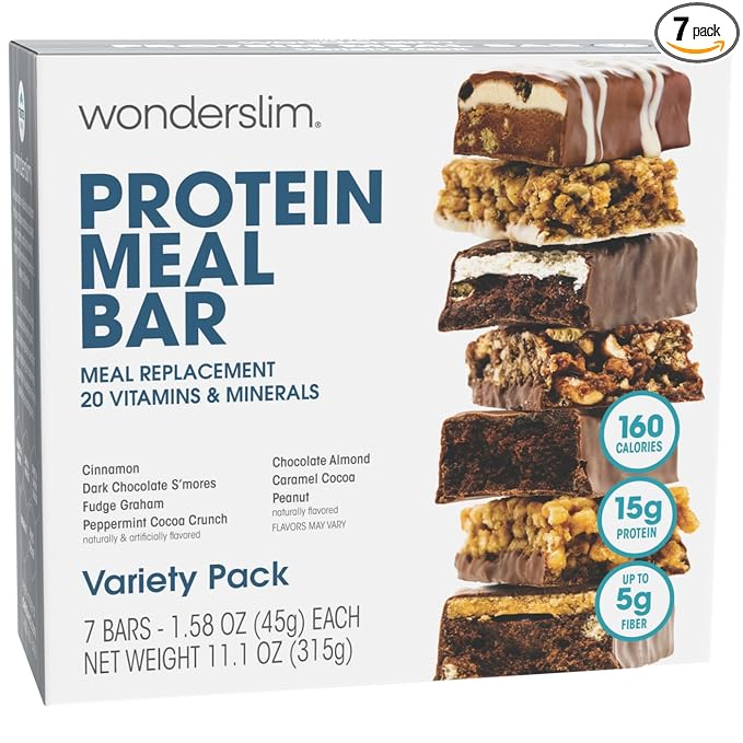 WonderSlim Meal Replacement Protein Bar, Variety Pack, 15g Protein, 20 Vitamins & Minerals (7ct)
