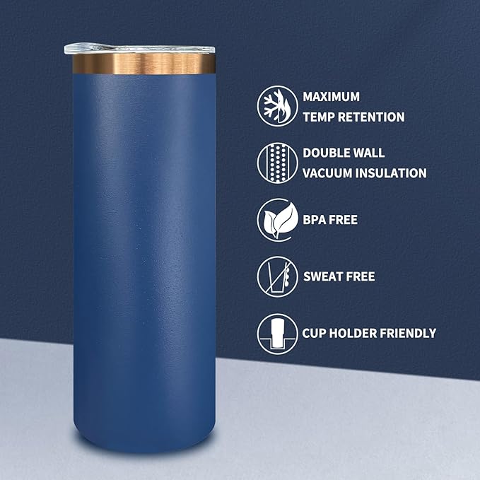 20 oz Skinny Tumblers Bulk 8 Pack, Stainless Steel Insulated Tumbler with Lids and Straws, Slim Double Wall Powder Coated Travel Coffee Mugs Reusable Cup for Hot Cold Drinks (Navy,8 pack)