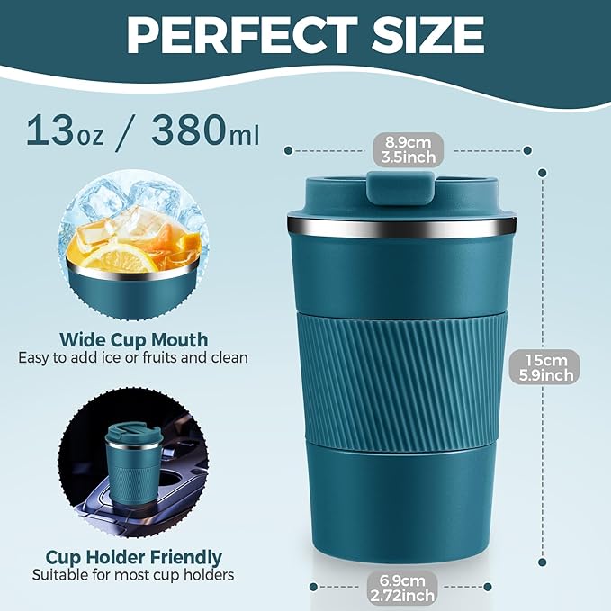 Volhoply 13 oz Stainless Steel Insulated Travel Coffee Mug with Fip Lid Bulk 2 Pack,Reusable Double Wall Vacuum Metal Coffee Cup,Portable Leak Proof Thermal Tumbler for Hot&Cold Drinks(Assort Color,2)