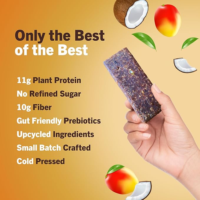Amrita Nut Free Mango Coconut Vegan Protein Bars (12 Count) | 11g Plant-Based Protein Bar | Peanut Free, Gluten Free, and Dairy Free | Low Sugar, High Fiber, Healthy School-Safe Snacks