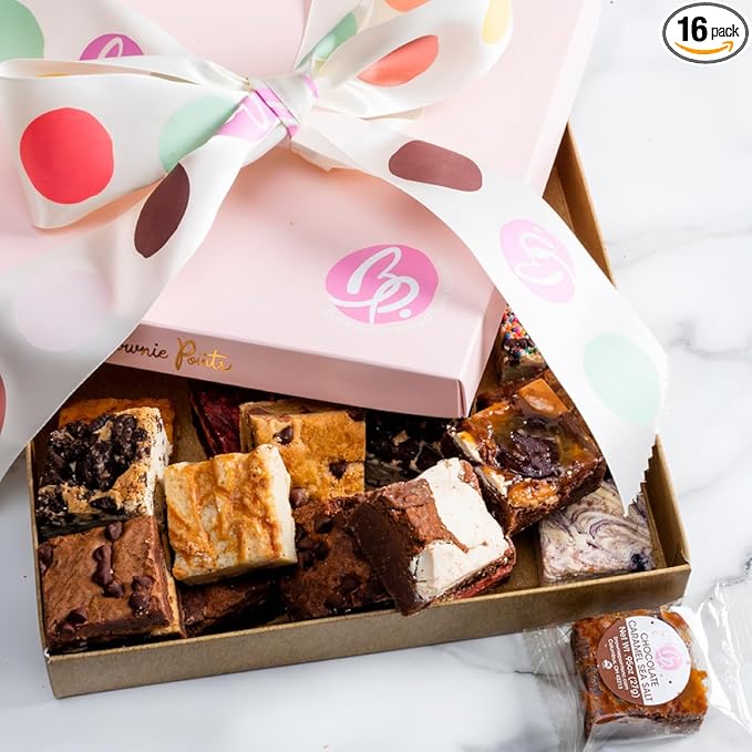Brownie Points Brownie Points 16-Baby Brownies Gift Box. Individually Wrapped-Fudge Chocolate Brownies Gourmet gift for him, her, and friends. (Gift box and a Bow with 16 Brownies - BP_BABY16) Gourmet Sweet Desserts