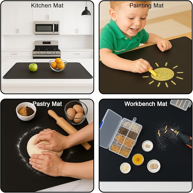 Silicone Baking Mat 35.4"x23.6" Food Grade Silicone Mats for Kitchen Counter Large Countertop Protector Mat with Edge Heightening Non-slip Heat Resistant Mats for Countertop Easy Clean(Black)