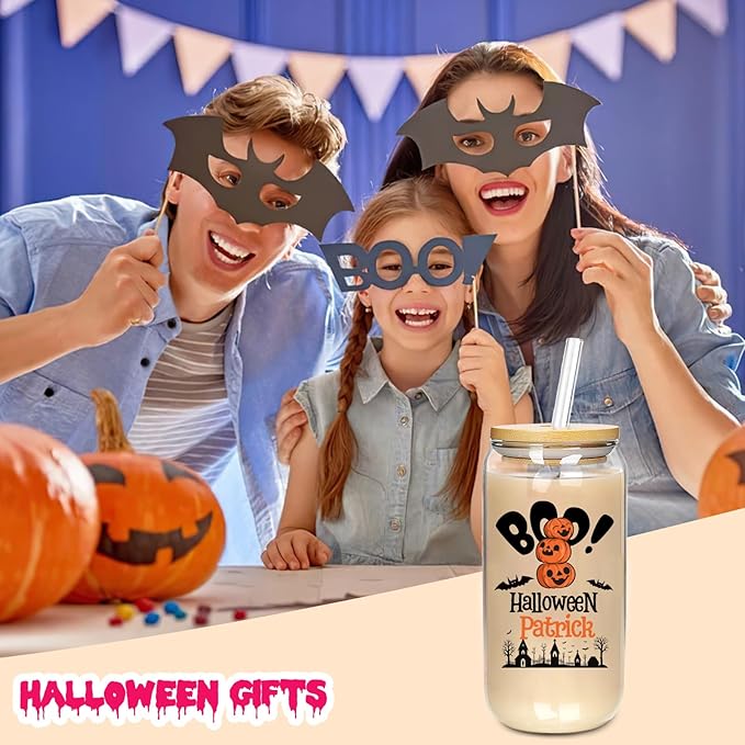 Personalized Halloween Tumbler-Boo Basket Stuffers- Can Shaped Glass with Lids and Straws18OZ -Halloween Gifts for Men Women Kids Son Daughter