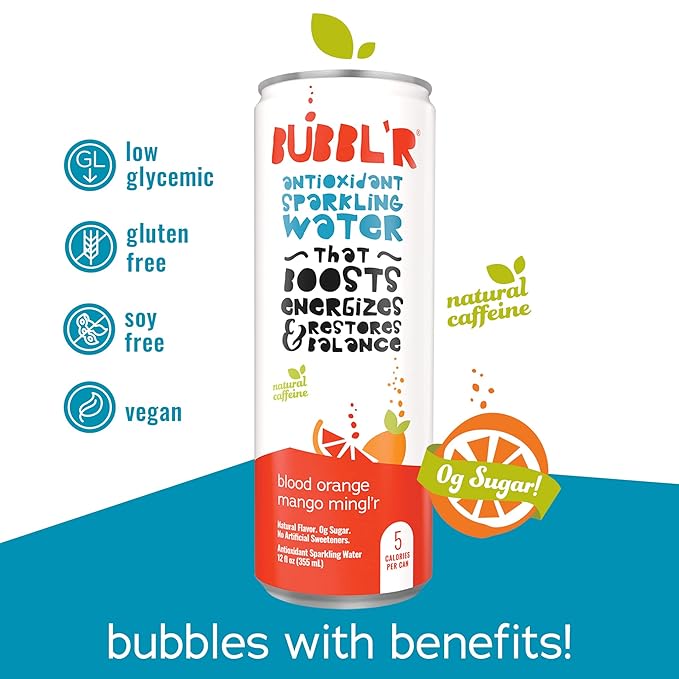 BUBBL'R blood orange mango mingl'r, Antioxidant Sparkling Water with Natural Caffeine, 0g Sugar, Gluten Free, All Natural Flavors, 12 Fl Oz Cans, 12 Count