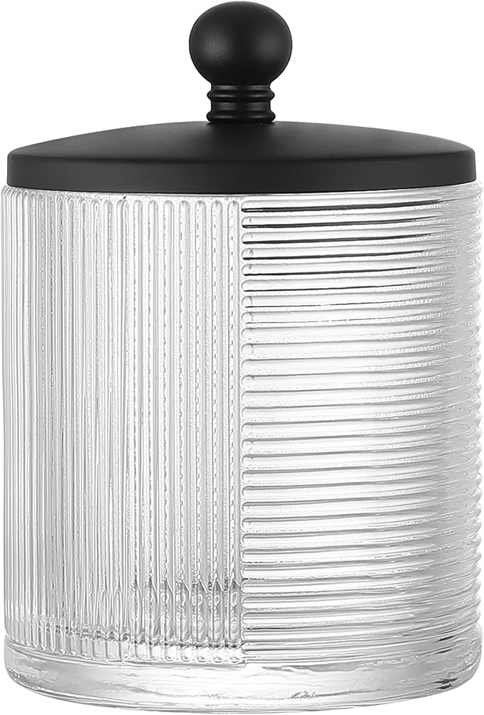 Glass Cotton Jar Holder Matte Black Lid, Elegant Bathroom Storage Canister for Qtips, Cotton Balls, Floss, Makeup Organizer, Vanity Bathroom Organization