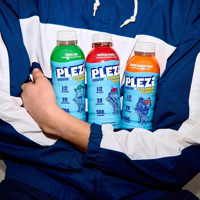 PLEZi Lemon Lime Hydration Drink x Stephen Curry - Sports Drinks with 2X Electrolytes - 500mg Potassium, Low Sugar, No Added Sugar - For Kids & Adults - 16.9 Fl Oz (12 Pack)