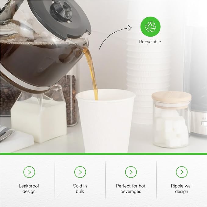 Restaurantware-12 Ounce Disposable Coffee Cups, 500 Double Wall Hot Cups For Coffee - Lids Sold Separately, Rolled Rim, White Paper Insulated Coffee Cups, For Hot Coffee, Tea, And More