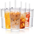 KEMORELA 6-Pack Ribbed Glass Tumblers with Lids & Straws – Vintage Style Iced Coffee Cups, Durable Smoothie & Cocktail Drinking Glasses, Reusable Clear Glassware for Home, Cafe, Office (6)