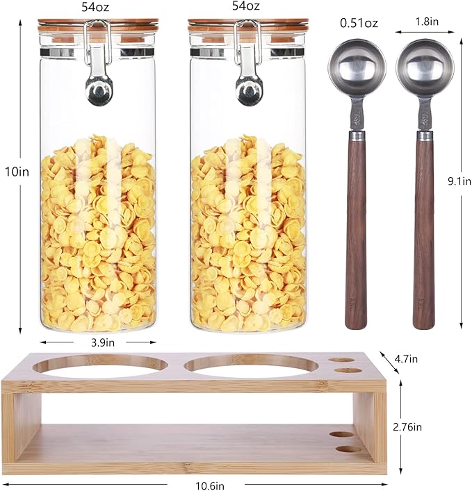 KKC Airtight Tall Glass Coffee Sugar Jar Canisters with Hinged Lids and Scoops for Kitchen Countertop,Sealed Glass Containers for Ground Coffee, Beans,Brown Sugar,Loose Tea,Cereal,Oatmeal,Flour