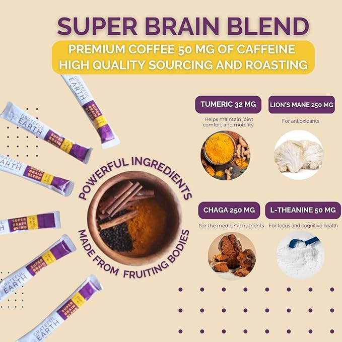 Grateful Earth Mushroom Coffee, Espresso Instant Coffee with Cinnamon, Turmeric, Lion’s Mane Mushrooms, L-Theanine, Chaga Super Brain Blend, Energy & Immune Support, Dairy & Gluten Free, 2 Bags, 40 Ct