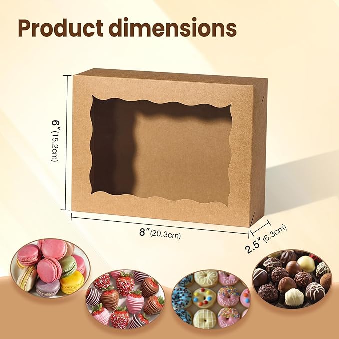 50PCS 8x6x2.5 Inch Brown Bakery Boxes with Window, Pastry Box for Chocolate Strawberries, Macarons, Truffles, Perfect for Thanksgiving Day, Mother's Day, Christmas Party Favors & Holiday