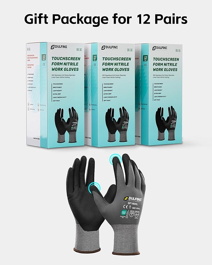 DULFINE Safety Work Gloves MicroFoam Nitrile Coated-12 Pairs Pack,Seamless Knit Nylon Glove with Black Micro-Foam Nitrile Grip,Ideal for General Purpose,Automotive,Home Improvement,Painting(Small)