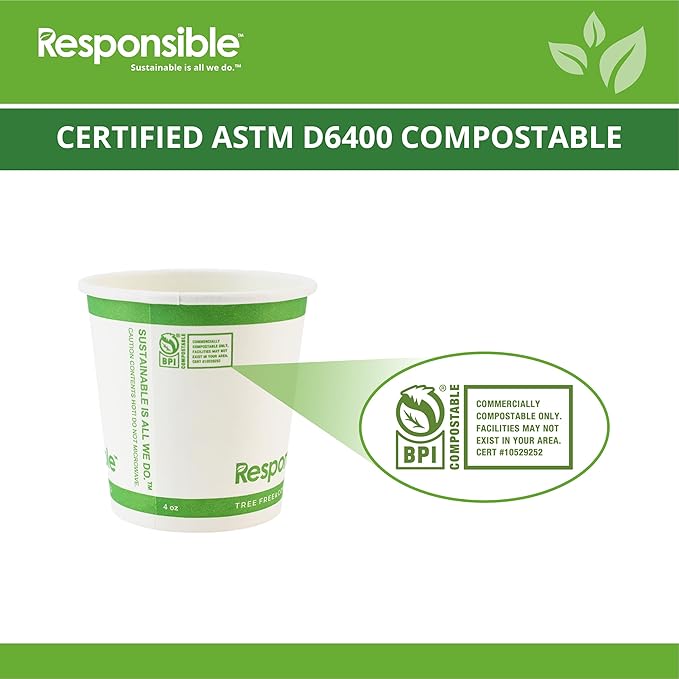 Certified Compostable 4 oz Paper Cups, Cold ＆ Hot Coffee Cups, Disposable Paper Cups, Extra Strength Disposable Cups, Made without PFAS (50 count)