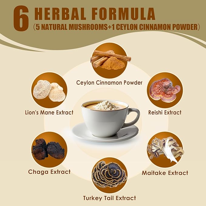 Mushroom Coffee Creamer, Vanilla Coconut Creamer, 5 Mushrooms and Ceylon Cinnamon Powder | Lion's Mane, Turkey Tail, Reishi, Maitake, Chaga, Cordyceps | Upgraded Formulation, Easy to Enjoy | 6.35 Oz