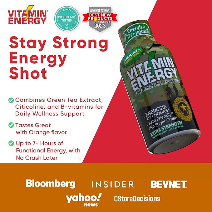 Vitamin Energy Immune+ Extra Strength Energy Shot Army Orange 24 Pack, 260mg Natural Caffeine, B-Vitamins, Citicoline, Green Tea, Immunity & Focus Support, Zero Sugar, Gluten-Free 1.93 fl oz
