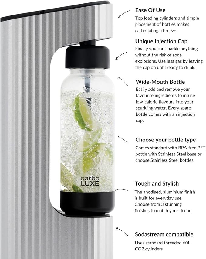 Twenty39 qarbo LUXE Premium Metal Sparkling Water Maker Machine - Soda Beverage Carbonator for Home, Seltzer Water Carbonation Fizz Maker (includes two CO2 cylinders)