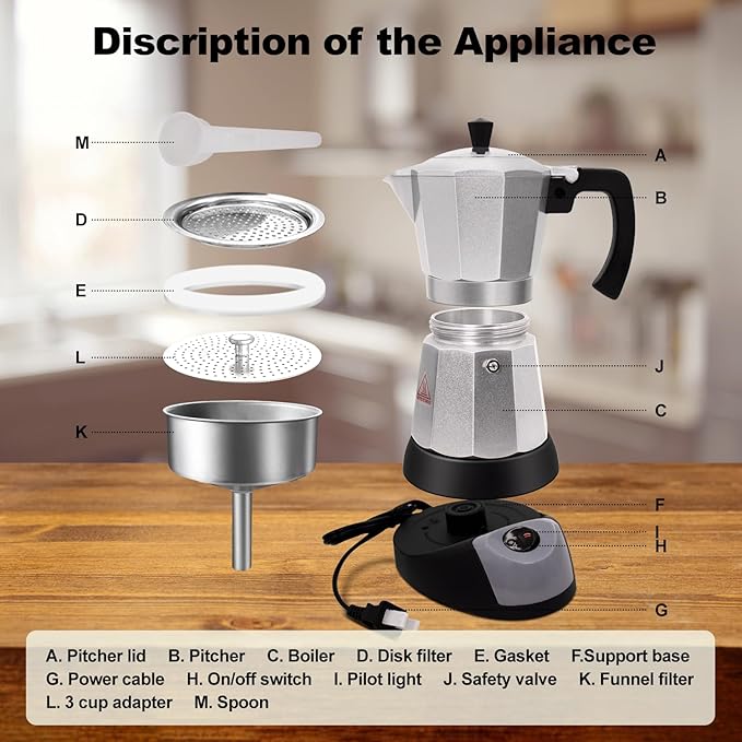 Electric Aluminum Moka Pot 5-6 Cup 270ml Espresso Maker with Detachable Base Ideal Coffee Makers for Home MochaPot Italian and Cuban Café Coffeemaker Espressomaker CoffeePot Silver