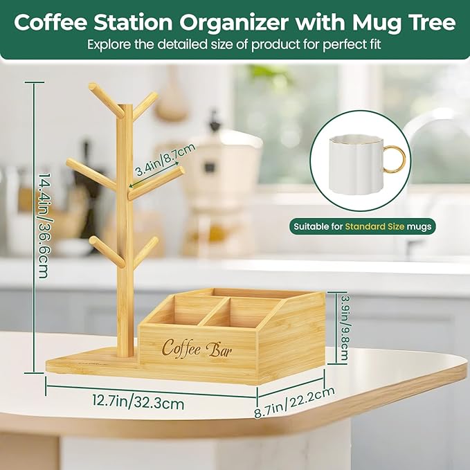 EsLuker.ly Mug Tree Holder Stand, Countertop Bamboo Coffee Cup Organizer Rack for Kitchen Office, Space-Saving Coffee Station Bar Organizer with 6 Hooks, Modern Design Enhances Decor