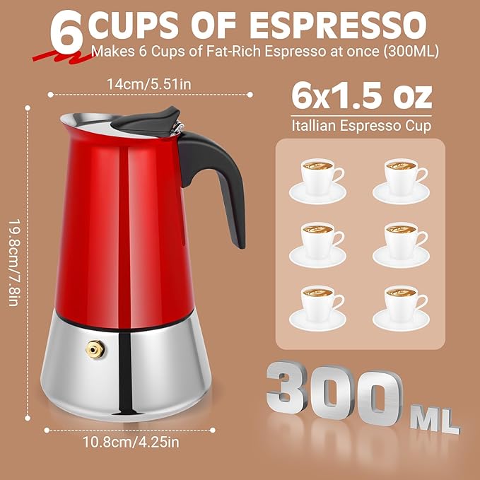 Moka Pot, 6 Cups (10.6 oz) Stovetop Espresso Maker, 304 Stainless Steel Moka Pot, Induction Compatible, Red