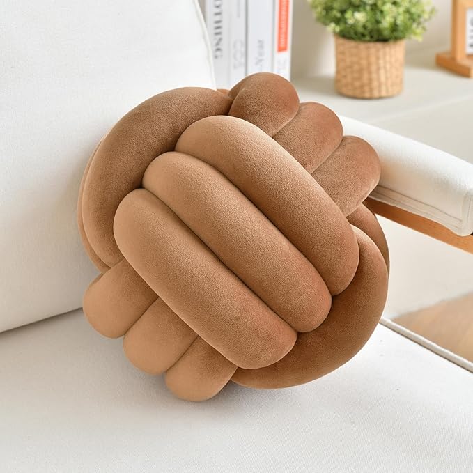 Decorative Throw Knot Pillow Ball for Home Chair Sofa Couch Bed Aesthetic Round Velvet Knotted Pillow Cushion (Coffee, 8 inches)
