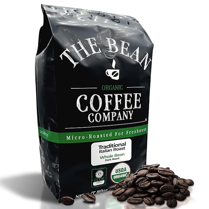 The Bean Organic Coffee Company Il Chicco (Traditional Italian Roast), Dark Roast, Whole Bean Coffee, 5-Pound Bag
