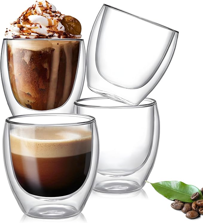 Set of 4 Double Walled Glass Coffee Mugs 3 Ounces Insulated Layer Coffee Cups Borosilicate Glass Espresso Cup for Hot Beverage,Cappuccino,Tea,Latte,Wine,Microwave Safe