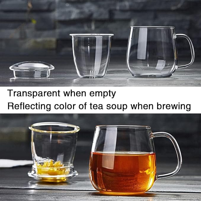 Glass Teacups 4 Pack Glass Tea Cup with Infuser and Lid, 17.6oz/520ml Large Borosilicate Teacup,Tea Clear Mug Cup for Loose Leaf Blooming Tea, Microwave & Dishwasher Safe