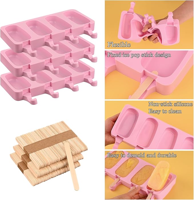 Sakolla Silicone Popsicle Molds Set of 3, Large Oval 4 Cavities Homemade Ice Pop Molds with 150 Wooden Sticks for Ice Cream, Cakesicles, Cake Pop (Pink)