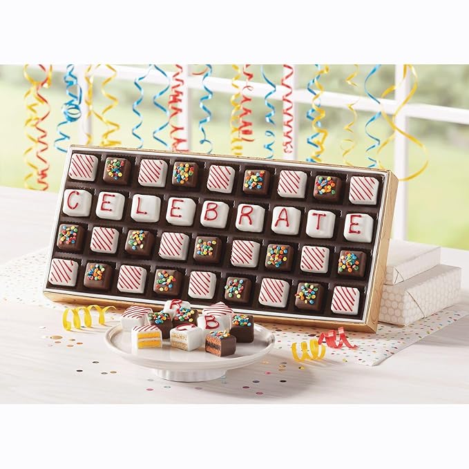 The Swiss Colony Celebrate Petits Fours Cake Assortment – 36 Hand-Decorated Mini Layer Cakes in Vanilla, Chocolate, and Strawberry – Gourmet Dessert Gift Box