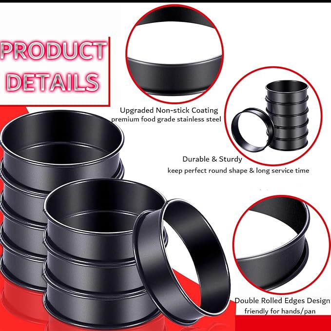 16Packs English Muffin Rings Crumpet Rings NONSTICK -3.15 Inch & 4 Inch Stainless Steel Double Rolled Tart Rings Round Black Metal Baking Cooking Pastry Ring Molds for cookies, pancakes, crumpets