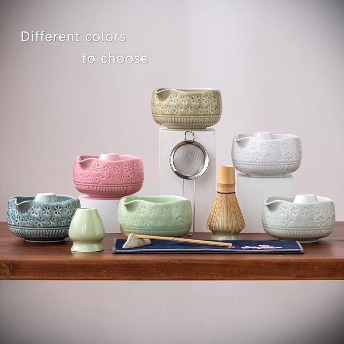 Matcha Whisk Set, Ceramic Matcha Set Includes Matcha Bowl, Matcha Whisk and Holder, Bamboo Scoop, Scoop Rest, Sifter and Tea Towel - 7 Pcs Matcha Kit for Matcha Lovers (Mint)
