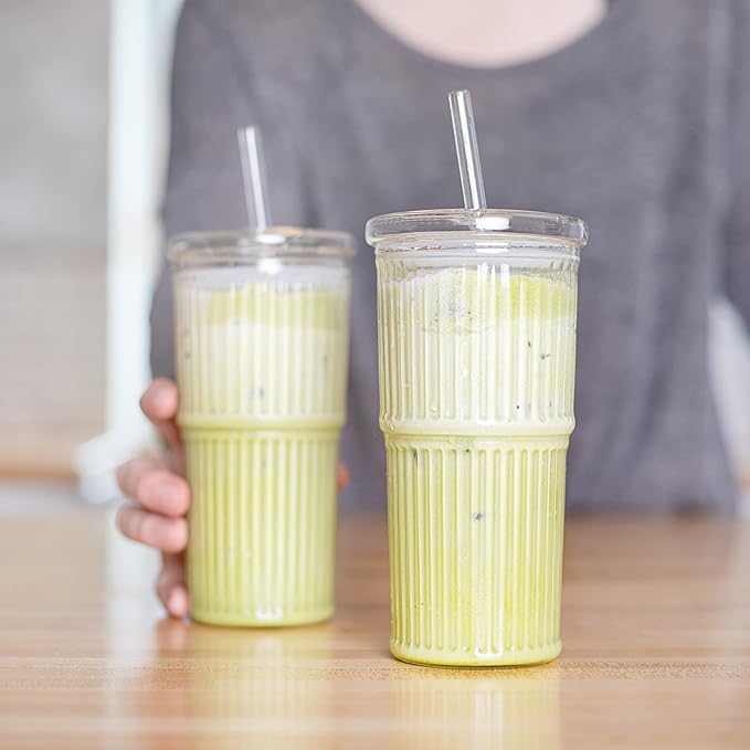 All Glass Iced Coffee Cup with Lid and Straw, Ribbed Glass Tumbler Set of 2 (22 oz ribbed)