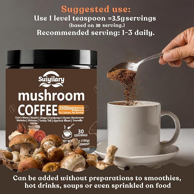 10 Mushroom Coffee with Arabica w, Lion's Mane, Reishi, Mushroom Polysaccharides & More, 3500mg(10:1) Extract Instant Mushrooms Powder for Focus, Immunity Boost