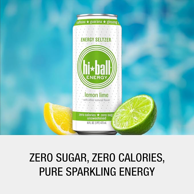 Hiball Clean Energy Drink - Lemon Lime - Zero Sugar, Zero Calorie Sparkling Water with 160mg Organic Caffeine, 50mg Organic Ginseng, 50mg Organic Guarana - 16 fl oz (8-Pack)